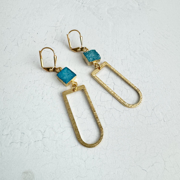 Blue Druzy and Brushed Brass Small Horseshoe Earrings