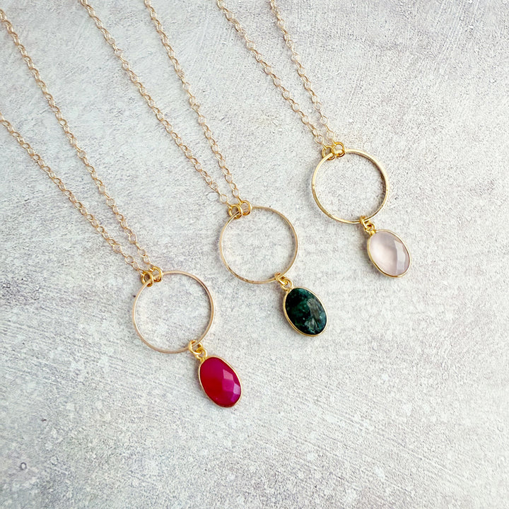 Gemstone and Circle Pendant Necklaces in Gold
