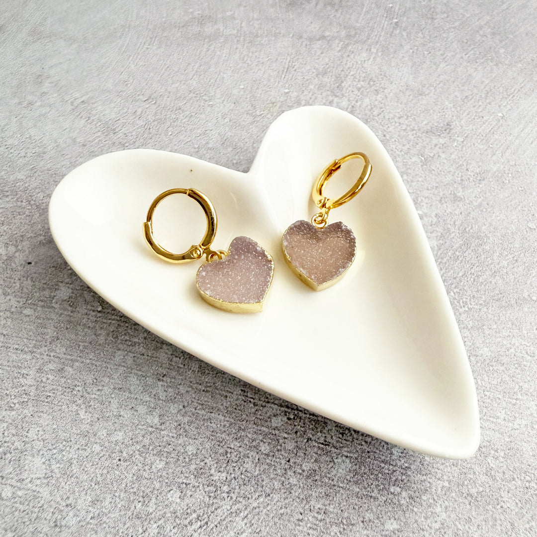 Pale Pink Druzy Heart Huggie Earrings in Gold