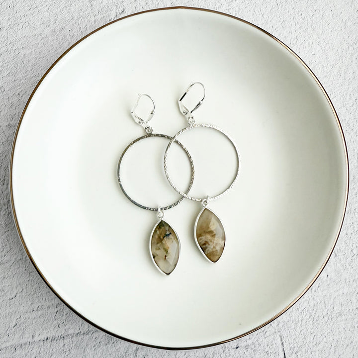 Australian Opal Marquise Hoop Dangle Earrings in Brushed Silver