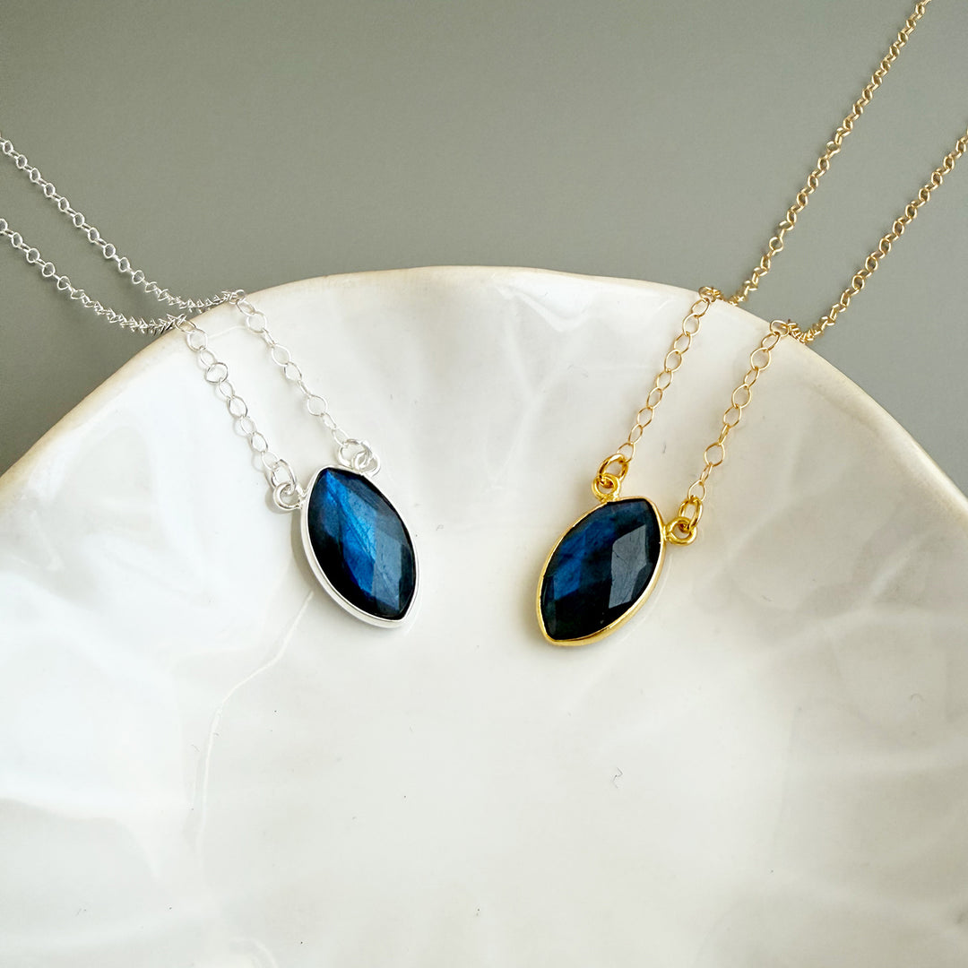 Labradorite Vertical Marquise Bezel Pendant Necklace