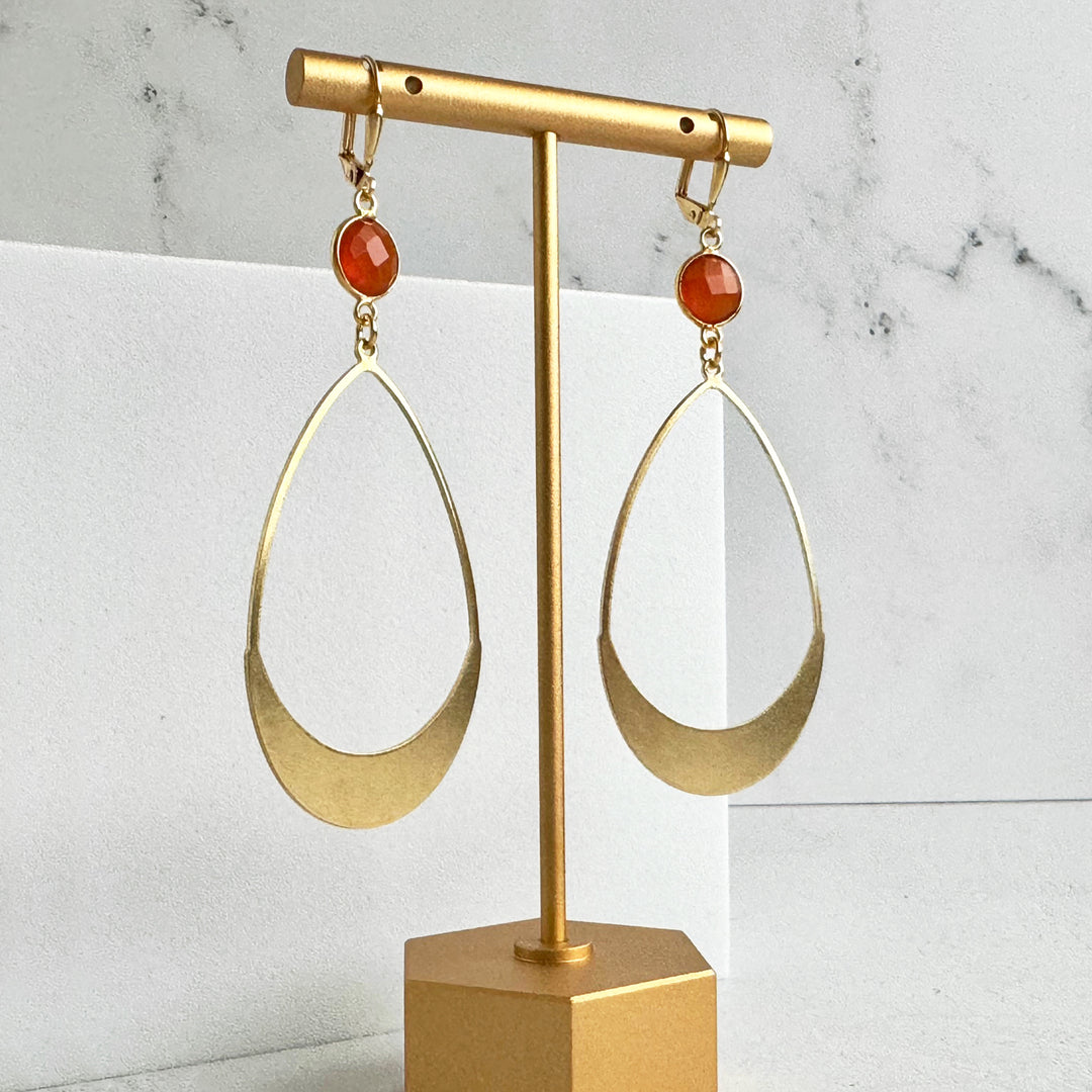 Large Teardrop and Orange Carnelian Dangle Earrings in Brushed Gold