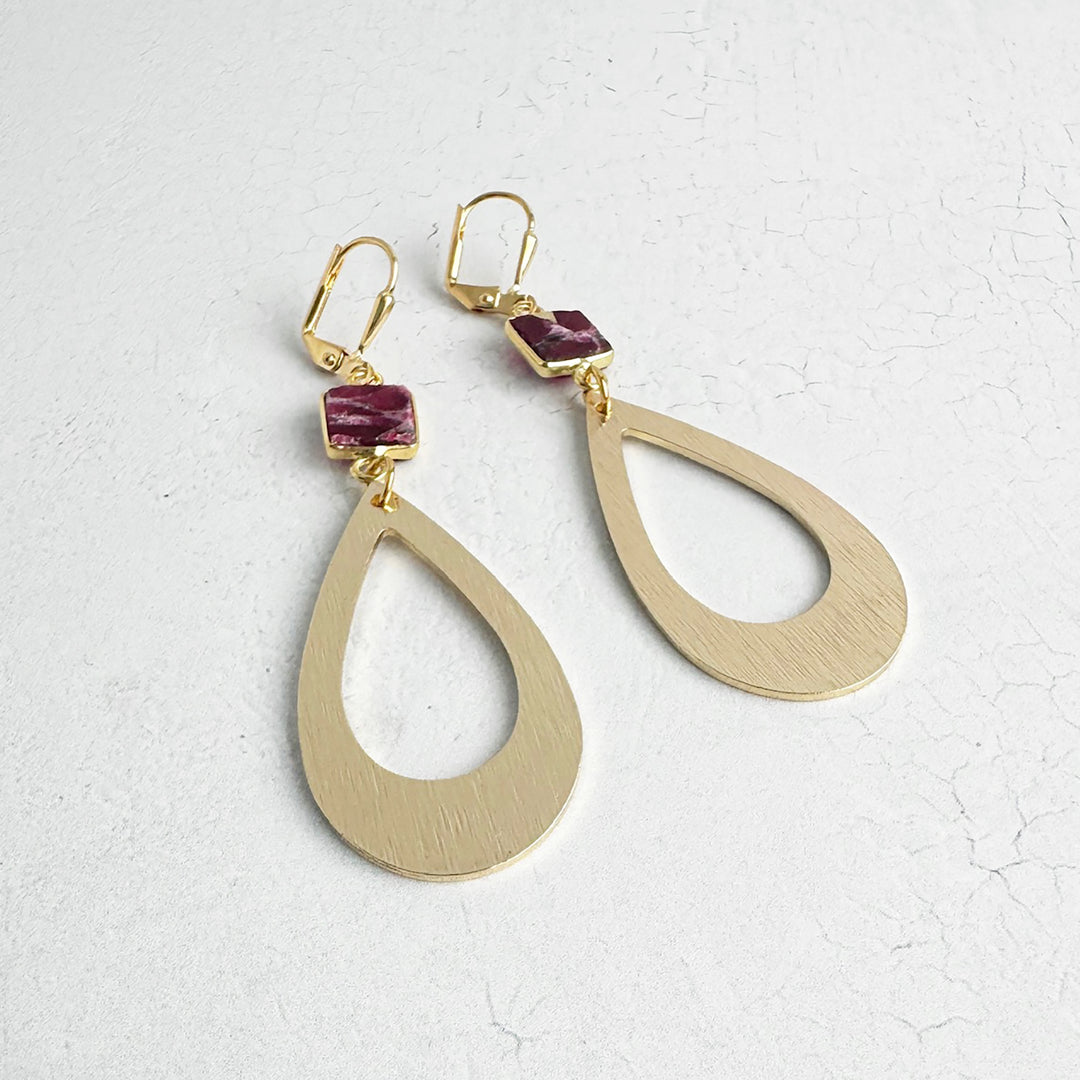 Burgundy Mojave Teardrop Statement Earrings in Brushed Gold