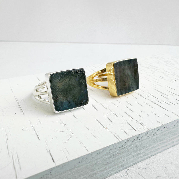 Labradorite Triple Band Ring in Gold and Silver