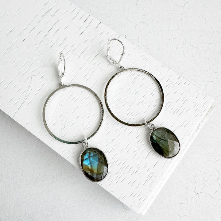 Labradorite Hoop Dangle Earrings in Brushed Silver