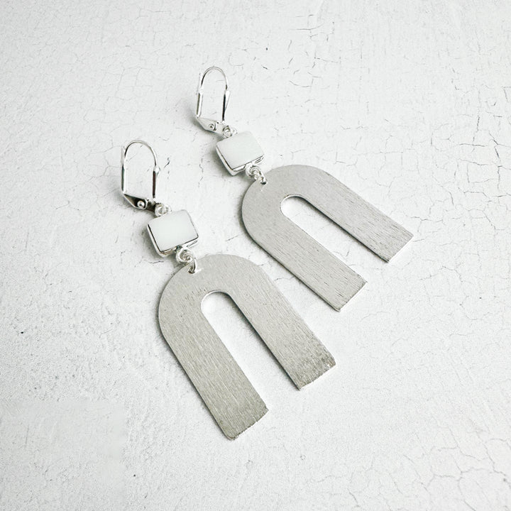 White Agate Horseshoe Earrings in Brushed Silver