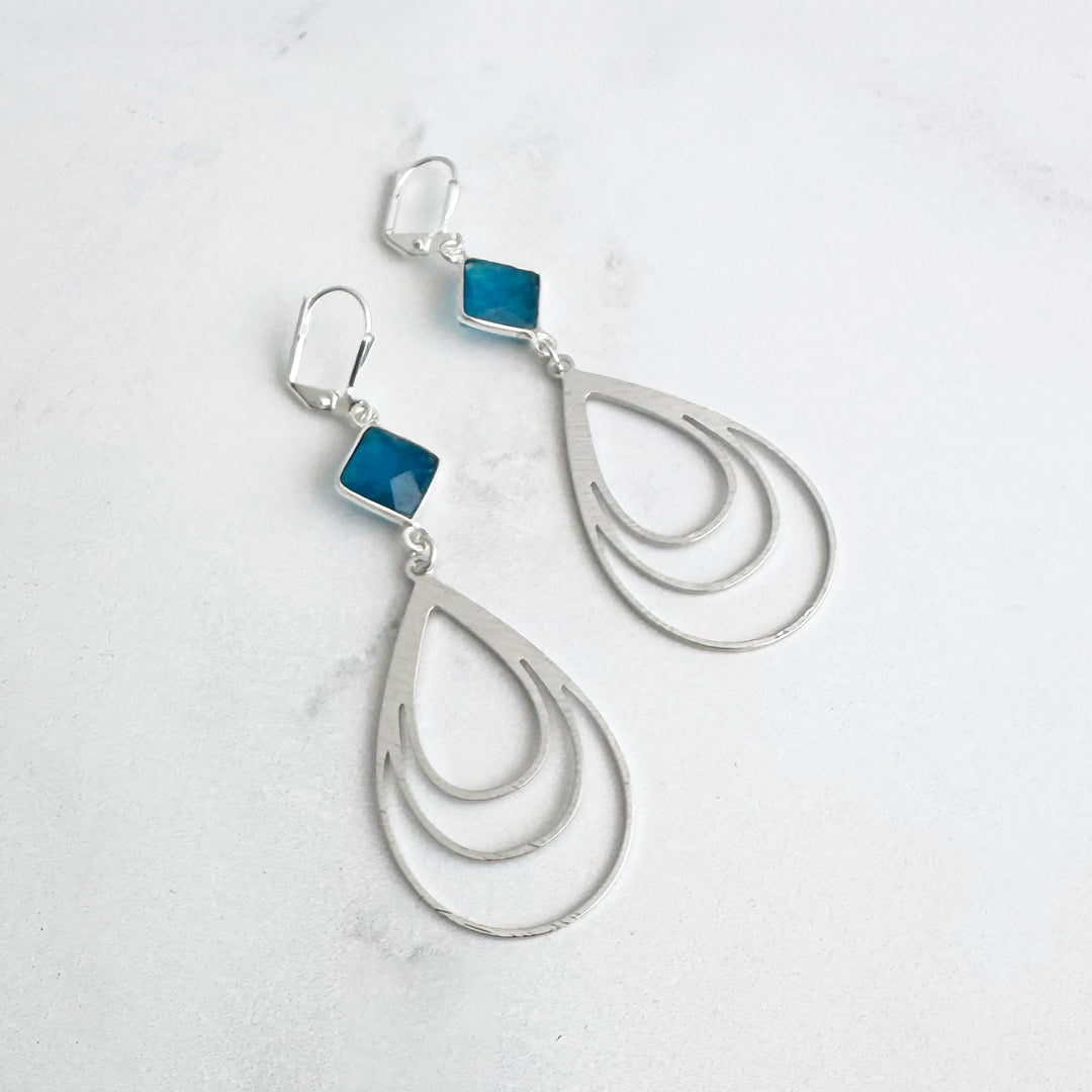 Blue Chalcedony and Multiple Teardrop Statement Earrings in Brushed Silver