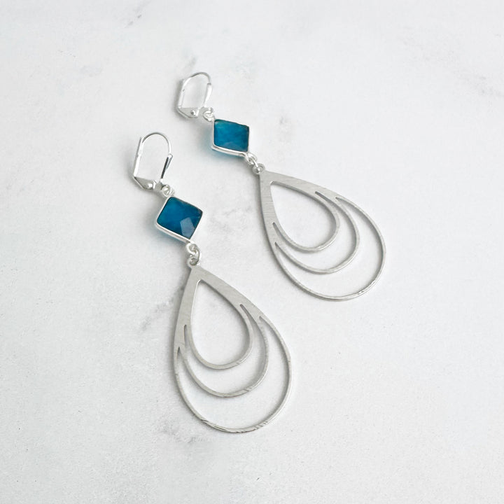 Blue Chalcedony and Multiple Teardrop Statement Earrings in Brushed Silver