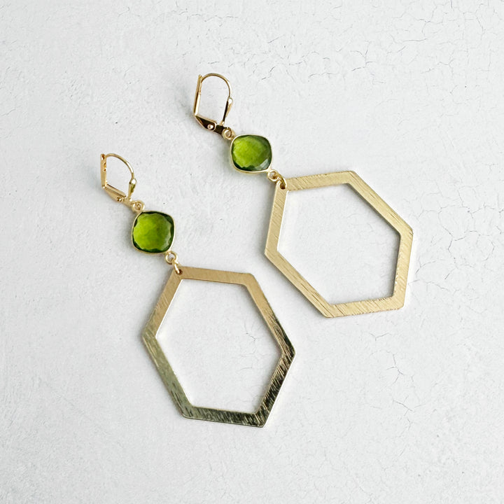 Olive Green Quartz Hexagon Earrings in Brushed Gold