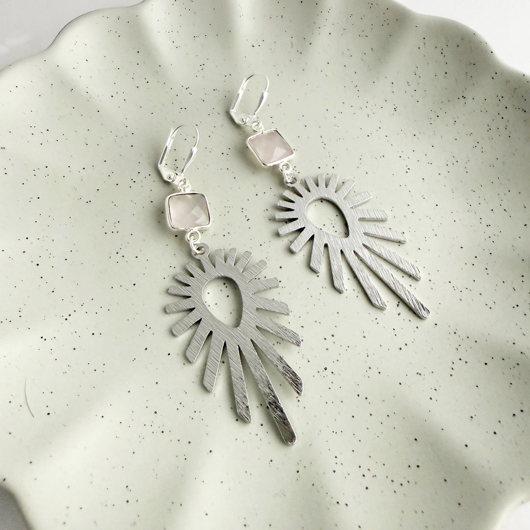 Rose Quartz and Starburst Statement Earrings in Brushed Silver