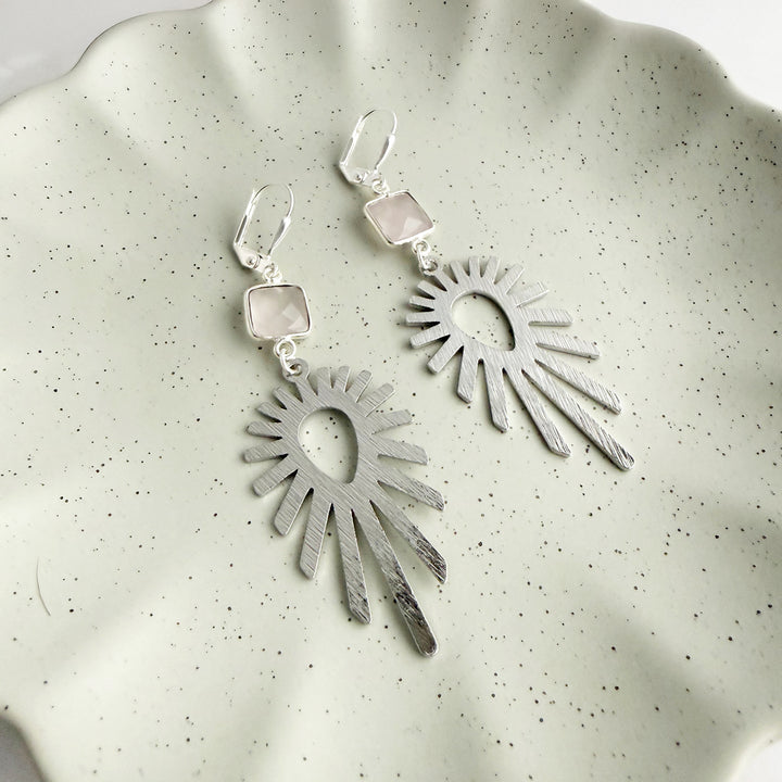 Rose Quartz and Starburst Statement Earrings in Brushed Silver