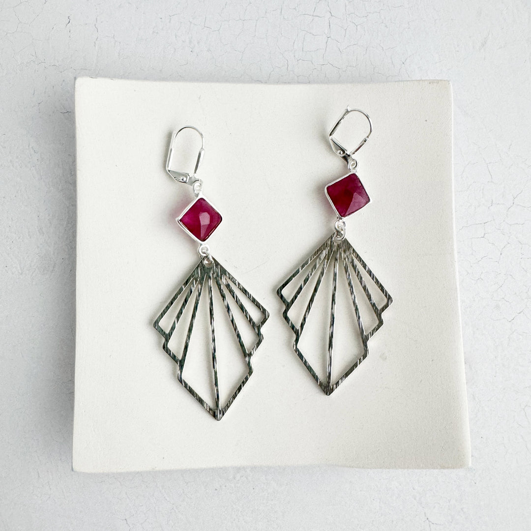 Ruby and Layered Fan Statement Earrings in Brushed Silver