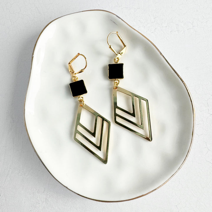 Black Onyx and Layered Diamond Earrings in Gold and Silver