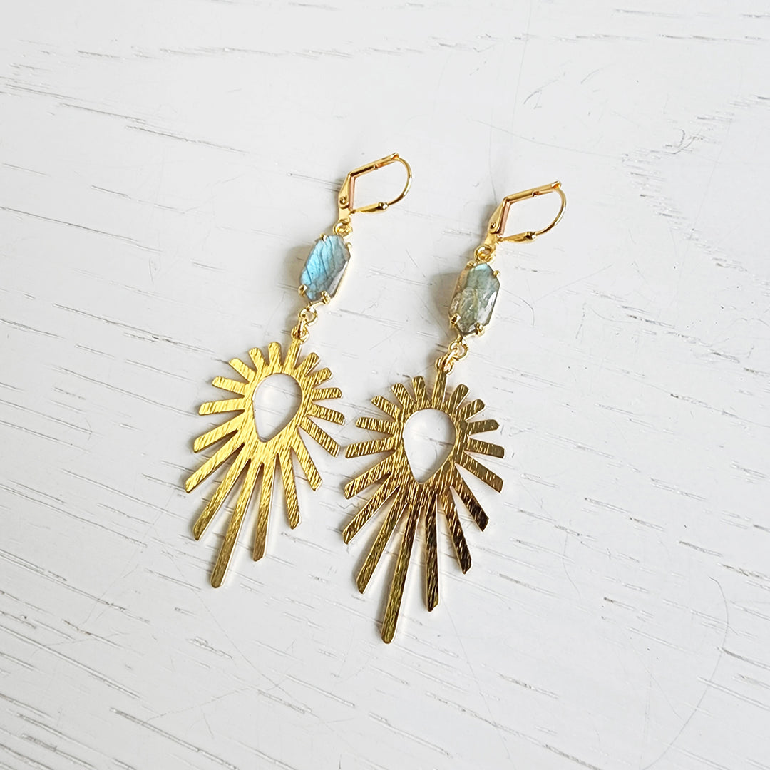 Labradorite Bezel Starburst Statement Earrings in Brushed Brass Gold