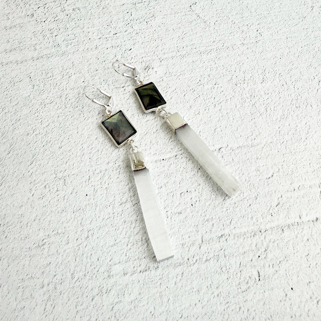 Labradorite and Selenite Bar Drop Earrings in Silver