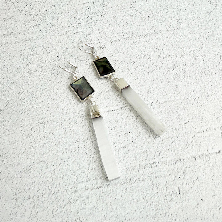 Labradorite and Selenite Bar Drop Earrings in Silver