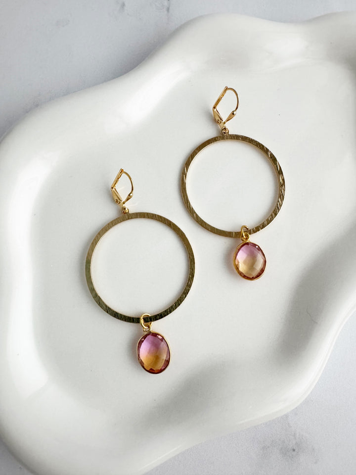 Pink Peach Aura Quartz Hoop Earrings in Brushed Gold