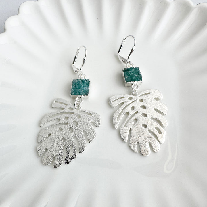Teal Druzy Monstera Earrings in Brushed Silver
