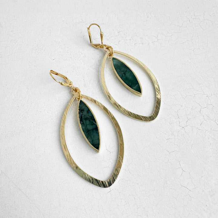 Raw Emerald Marquise Dangle Earrings in Brushed Gold