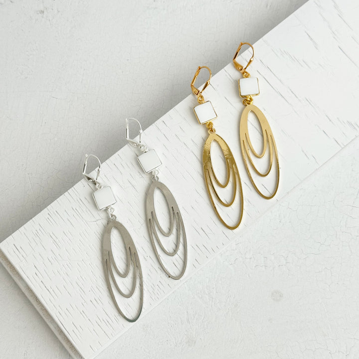 Long Layered Oval Earrings with White Agate Stones in Silver or Gold