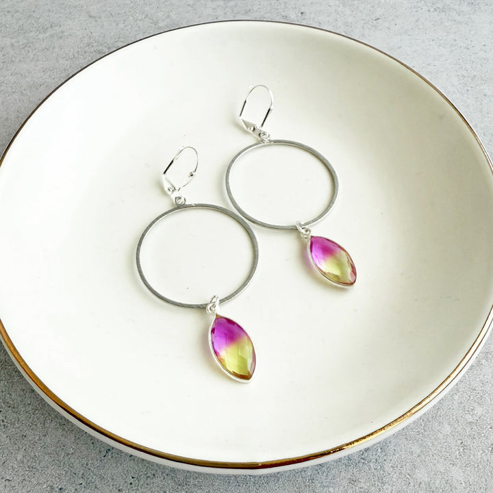 Yellow Pink Aura Quartz Hoop Dangle Earrings in Silver