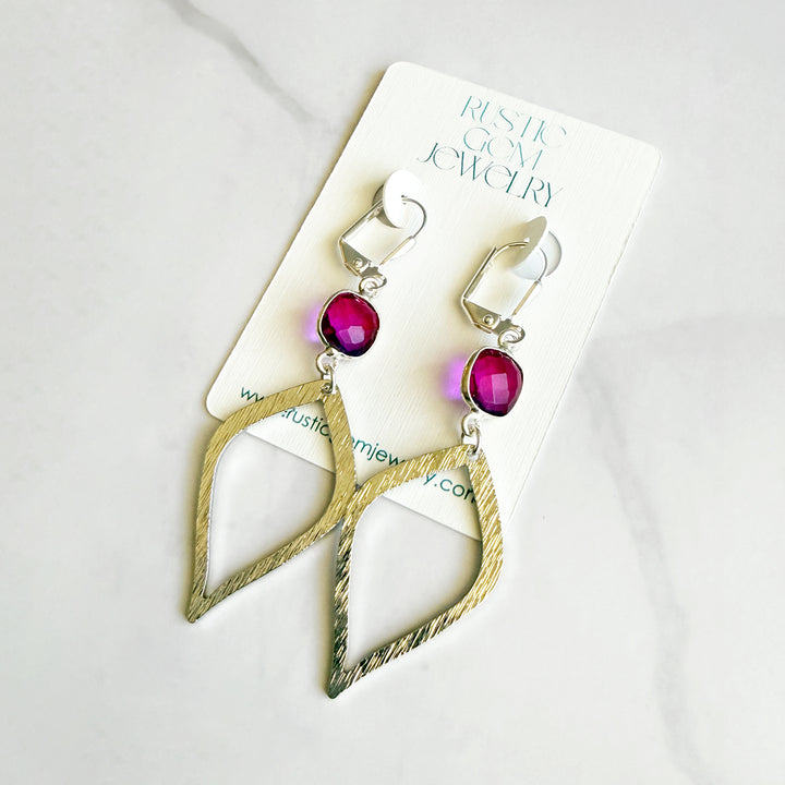 Pink Purple Aura Quartz Halo Drop Dangle Earrings