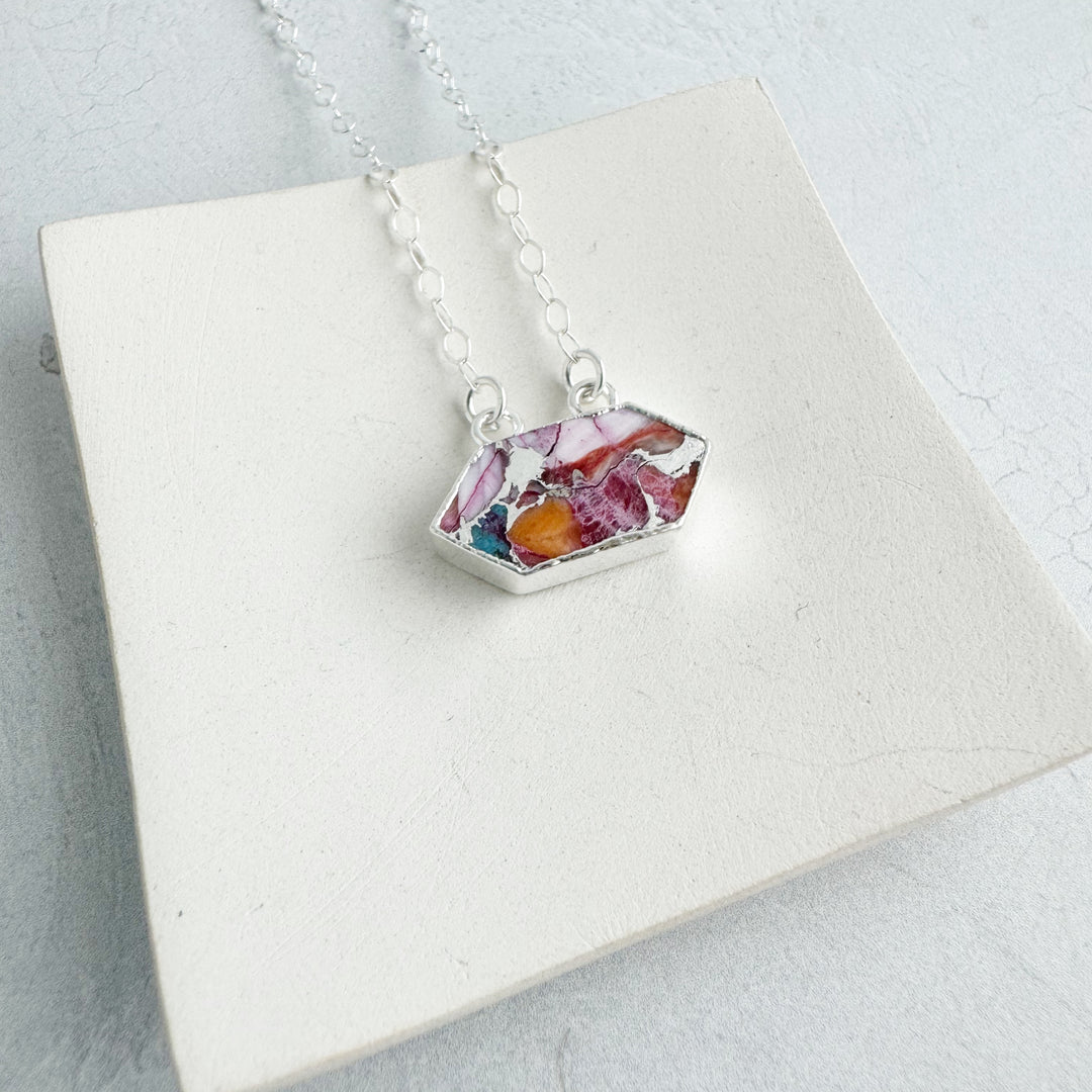 Pink Oyster Turquoise Rhombus Pendant Necklace on on Sterling Silver Chain.