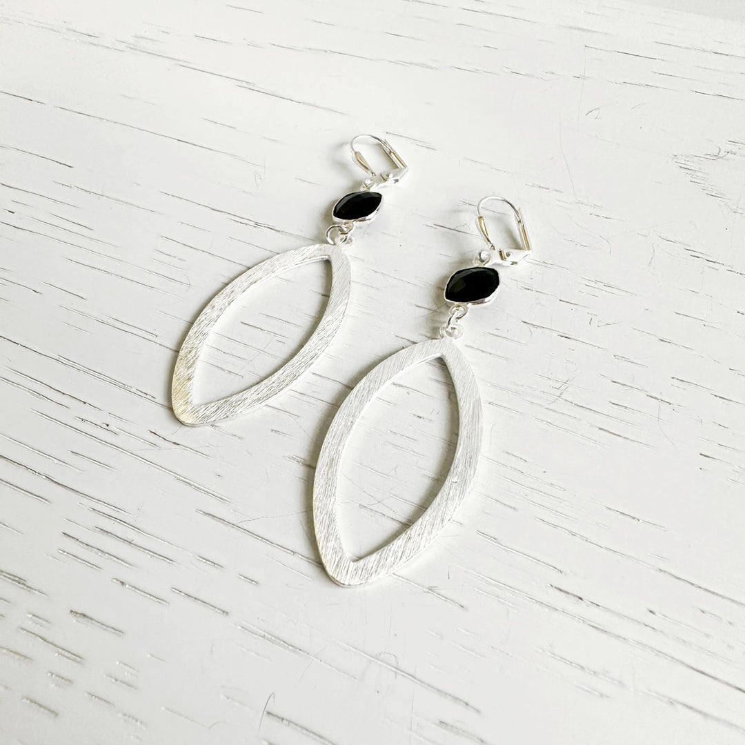 Black Stones Statement Earrings in Brushed Silver
