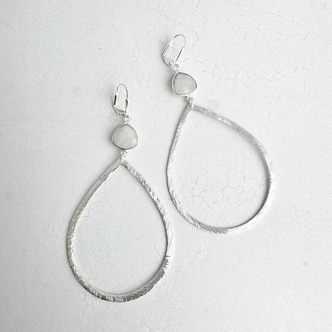 Large Moonstone Teardrop Statement Earrings in Brushed Silver