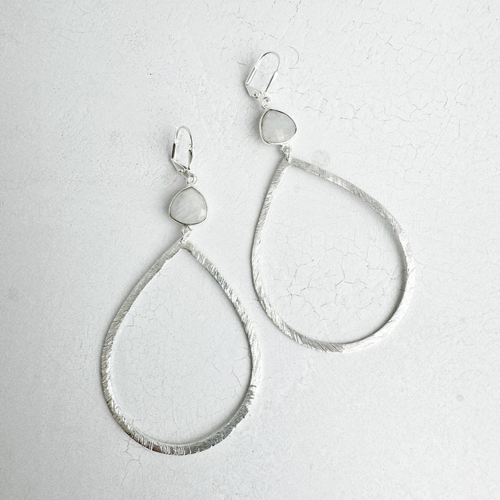 Large Moonstone Teardrop Statement Earrings in Brushed Silver