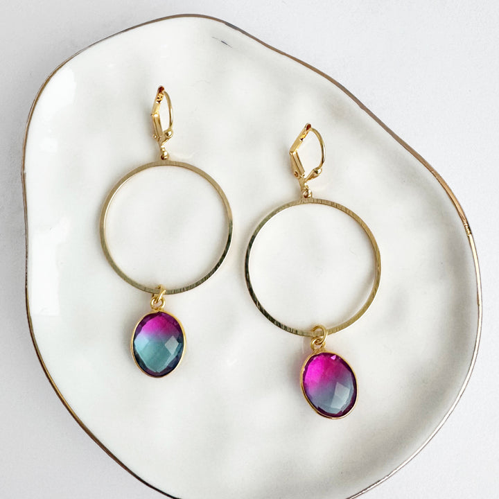 Pink Aura Quartz Hoop Dangle Earrings in Brushed Gold