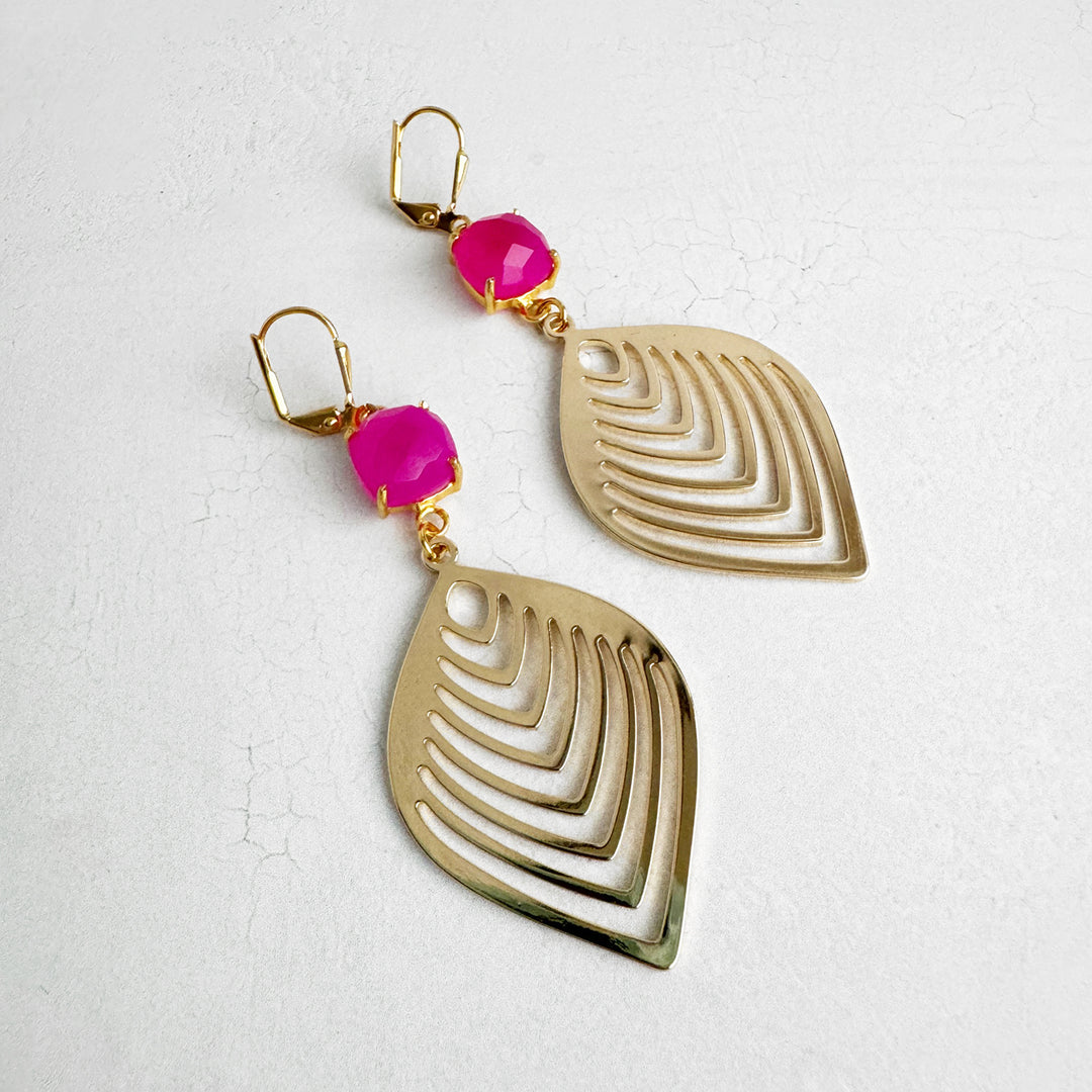 Fuchsia Chalcedony Marquise Leaf Earrings in Brushed Gold