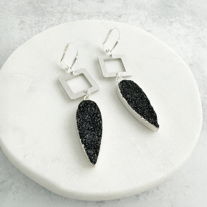 Black Druzy Teardrop and Square Dangle Earrings in Brushed Silver