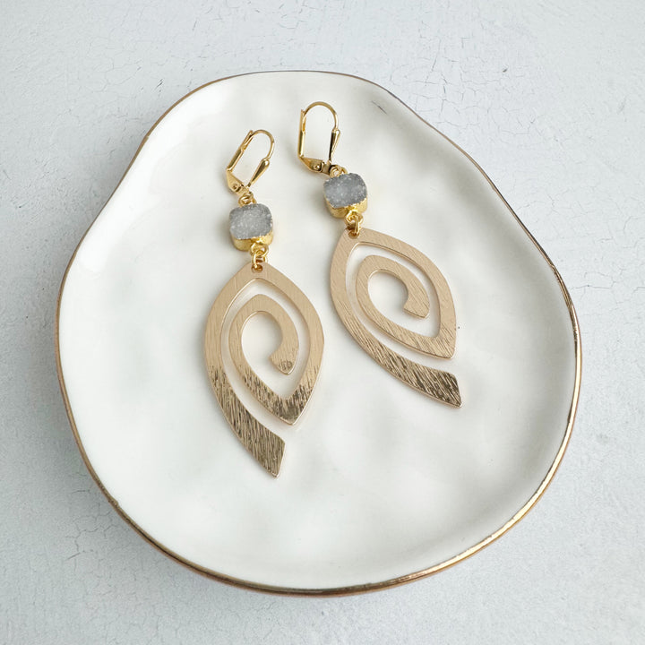 Unique Open Marquise Swirl Earrings with White Druzy Stones