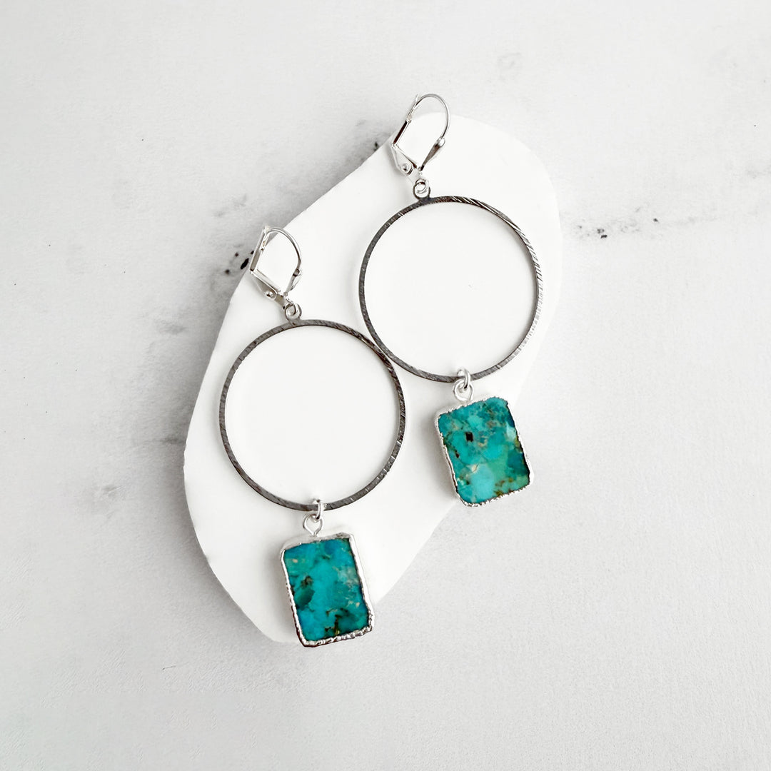 Turquoise Freeform Slice Hoop Dangle Earrings in Brushed Silver