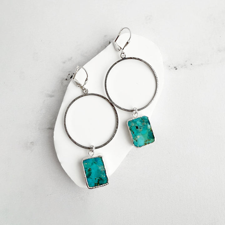 Turquoise Freeform Slice Hoop Dangle Earrings in Brushed Silver