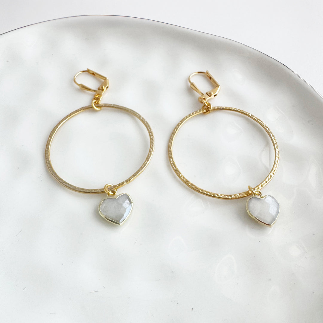 Moonstone Heart Dangle Hoop Earrings in Brushed Gold