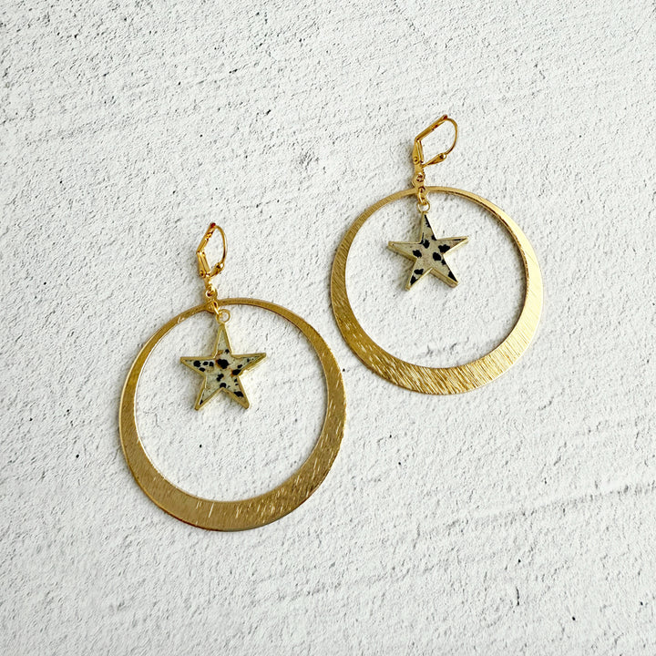 Dalmatian Jasper Star Dangle Hoop Earrings in Brushed Gold