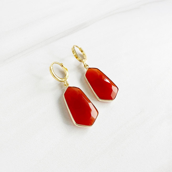 Kite Shaped Red Carnelian Huggie Earrings in Gold