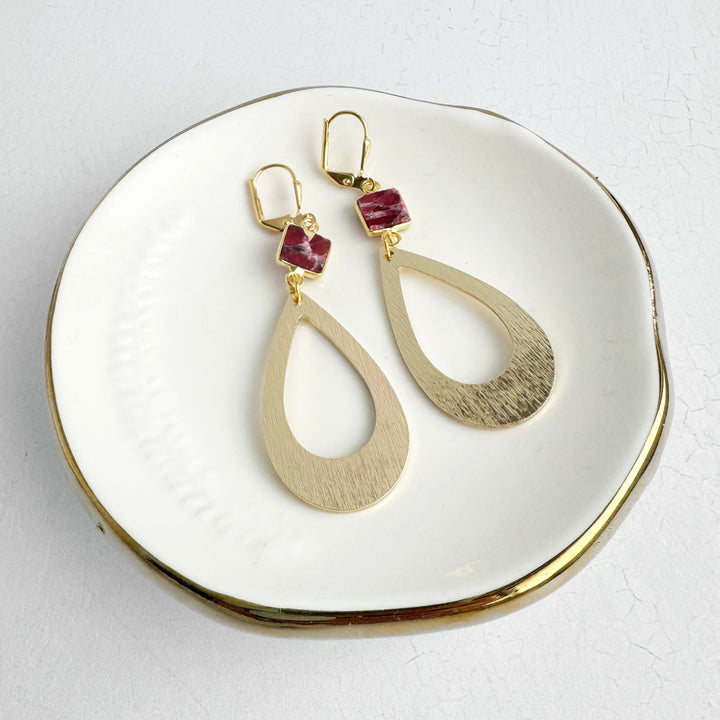 Burgundy Mojave Teardrop Statement Earrings in Brushed Gold