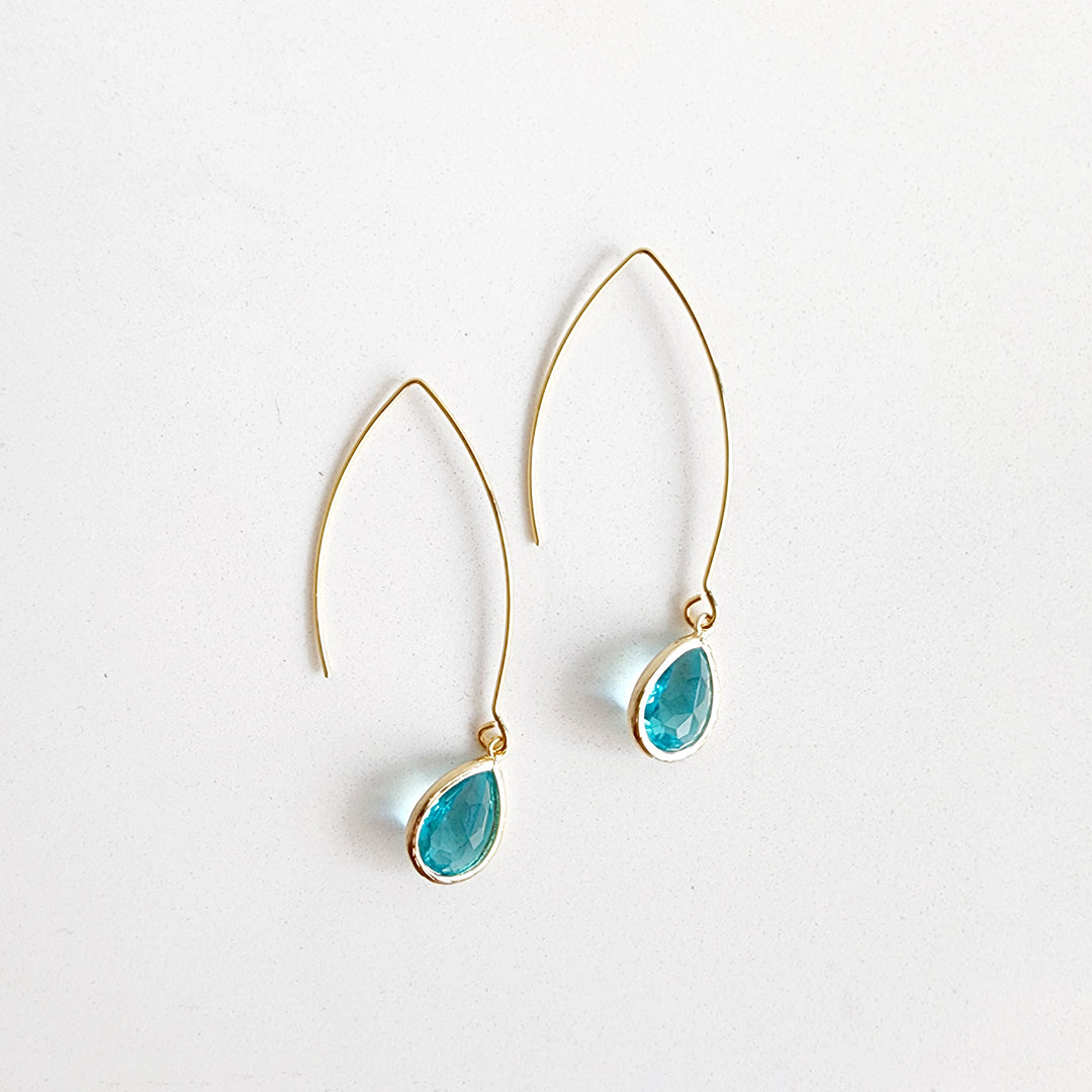 Aquamarine Glass Drop Earrings in Gold