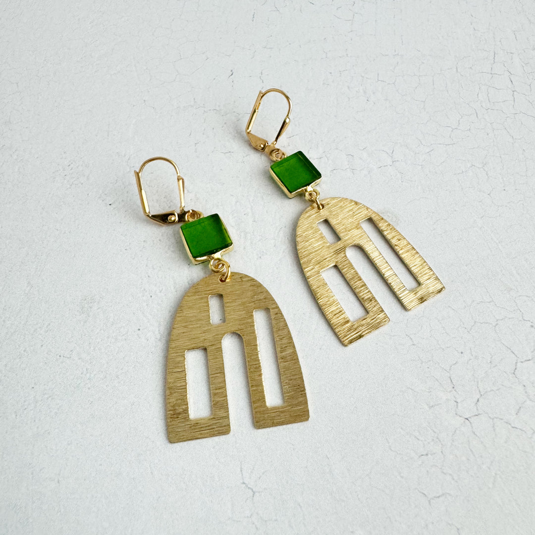 Green Stone and Brushed Brass Unique Dangle Earrings