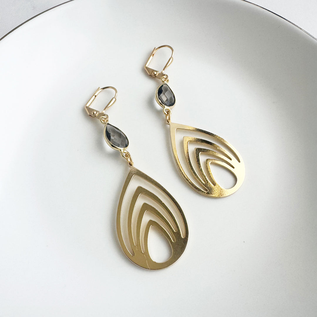 Lotus Teardrop Earrings with Smoky Quartz Stones