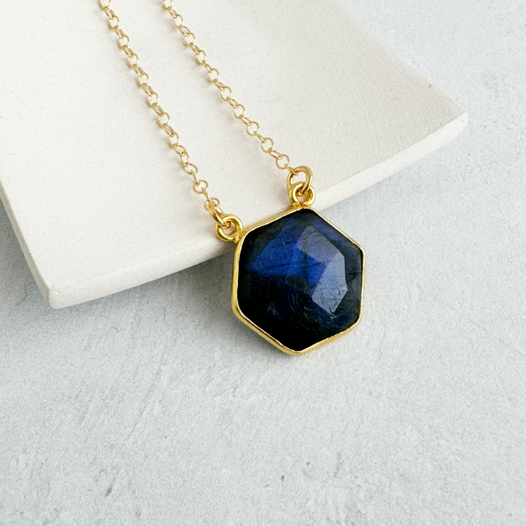 Labradorite Hexagon Bezel Necklace in Gold and Silver