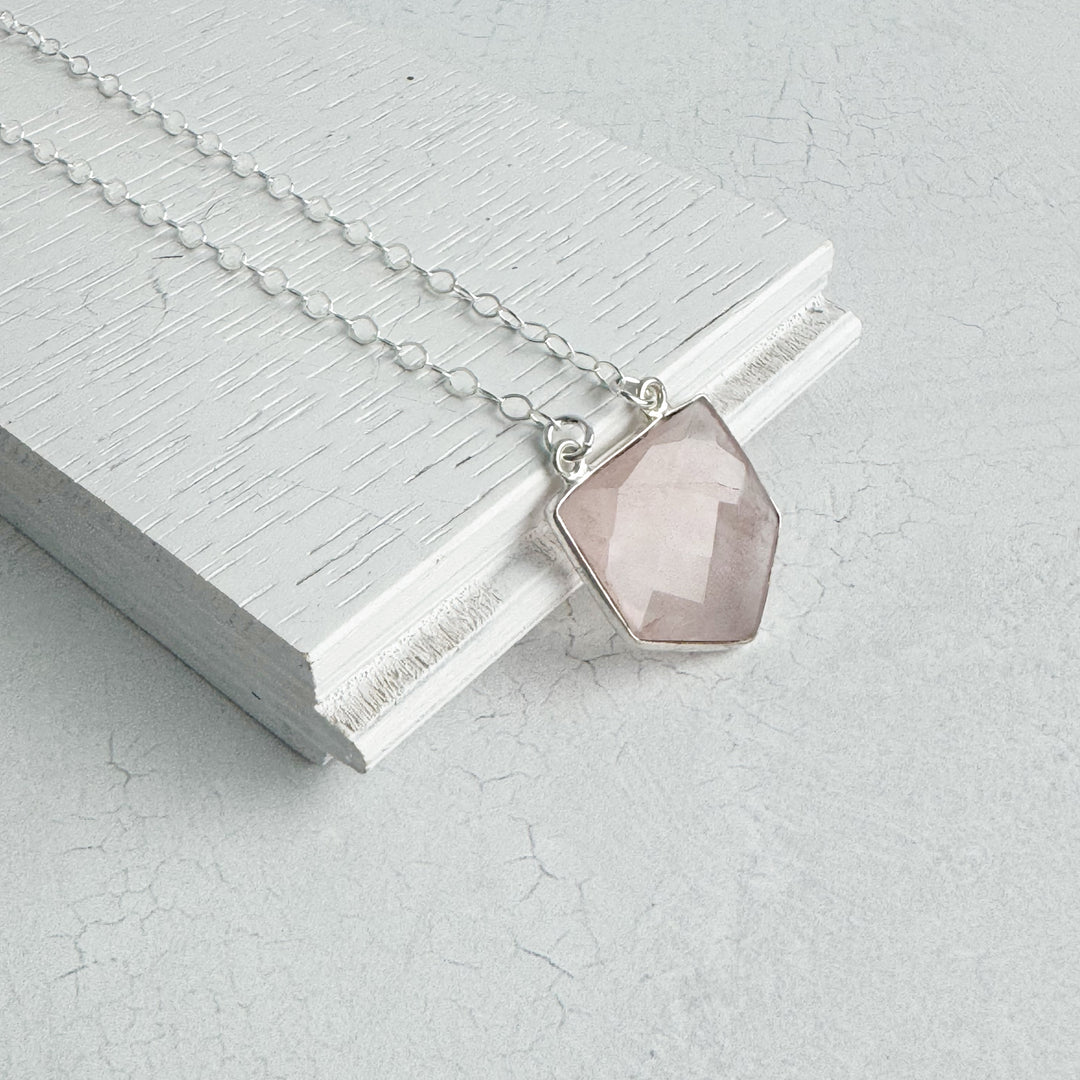 Rose Quartz Shield Necklace in Silver