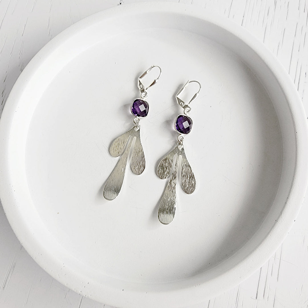 Leaf Dangle Earrings with Purple Stone in Brushed Brass