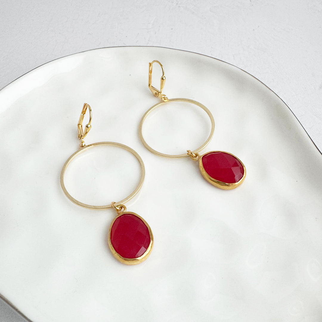 Fuchsia Chalcedony Hoop Dangle Earrings in Brushed Gold and Silver