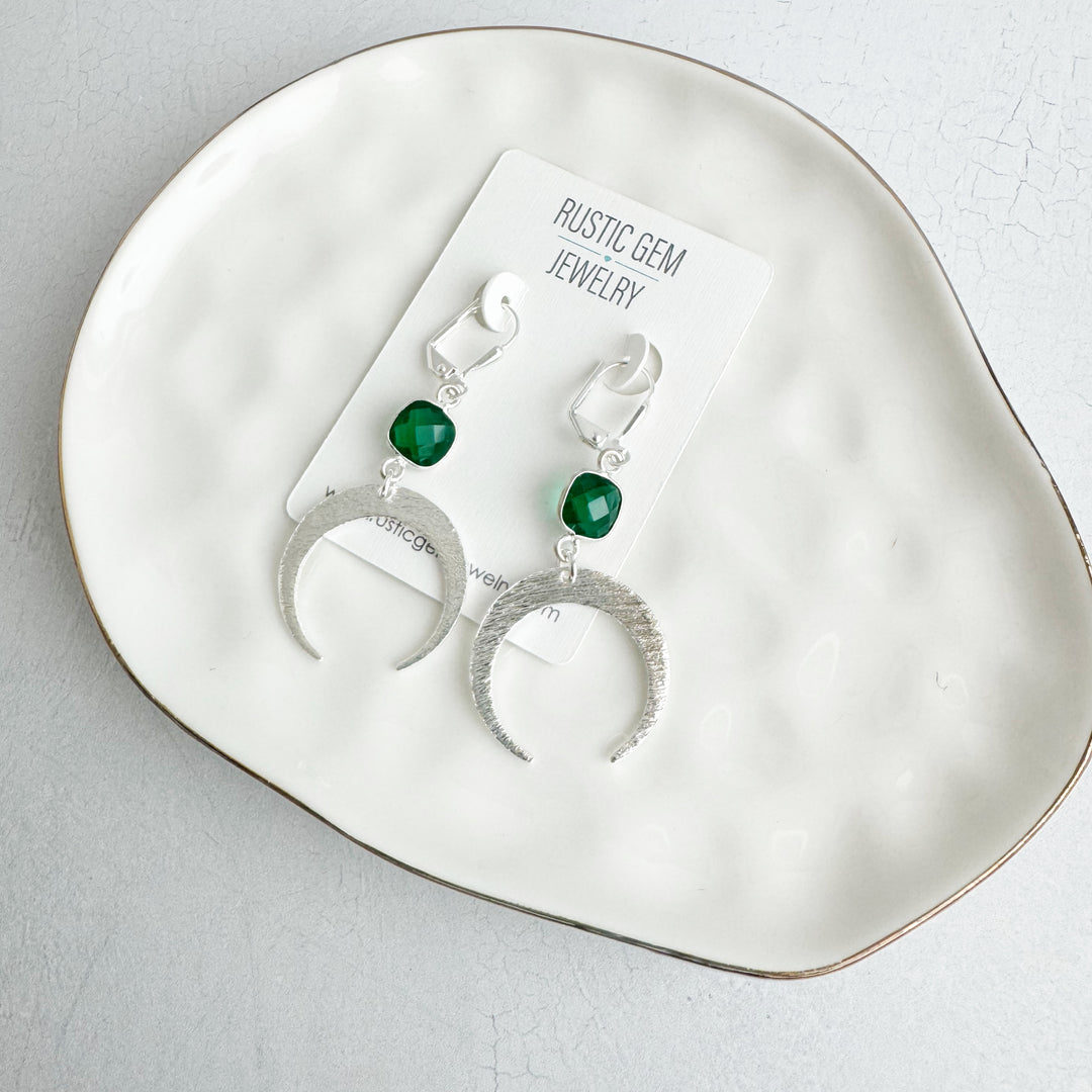 Green Stone and Brushed Silver Crescent Dangle Earrings