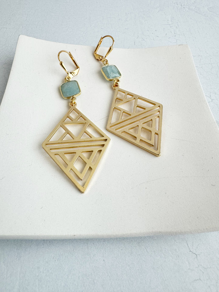 Gold Patterned Diamond Statement Earrings with Aquamarine Stones