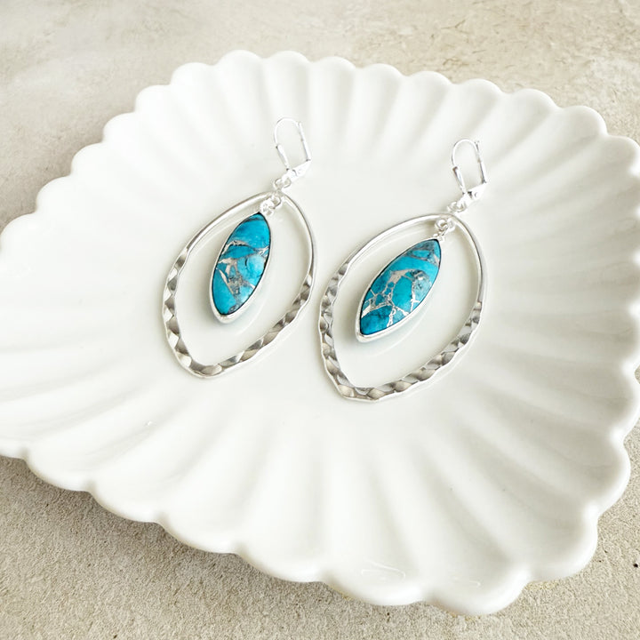 Turquoise and Hammered Marquise Dangle Earrings in Silver